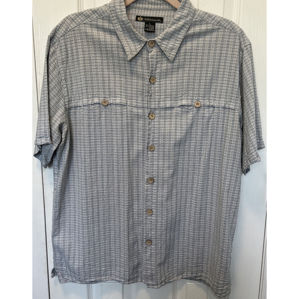 Duke Kahanamoku Hawaiian Shirt Mens L Blue Textured Bamboo Viscose Button Up